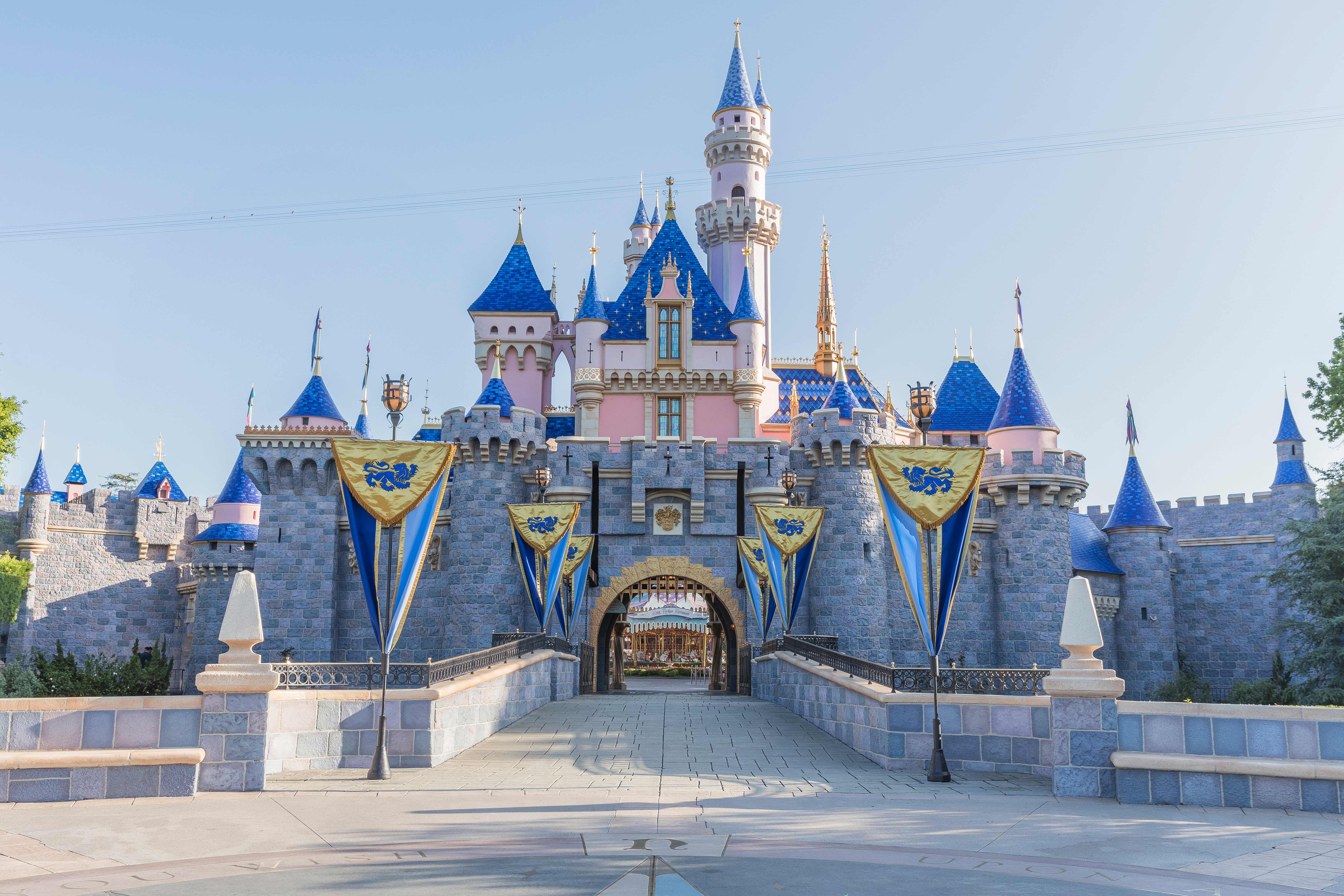 A castle with blue and gold flags and an archway